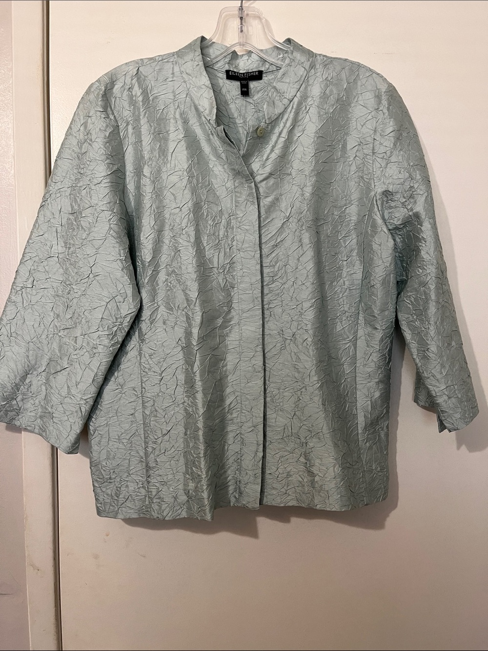 Eileen Fisher Brook Mandarin Collar Crinkle Button-Front Silk Shirt size PM NWT